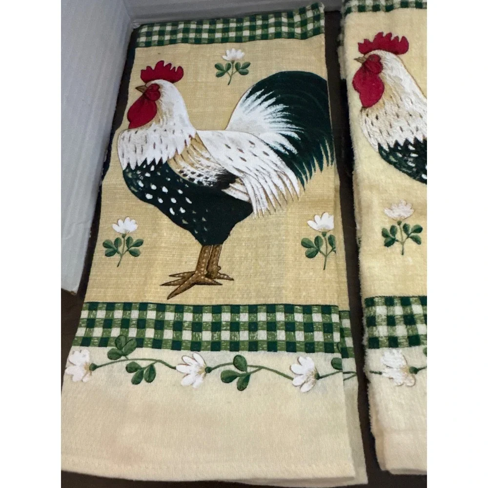 Franco Rooster Kitchen Towels Set /3 Cream Green Gingham Farmhouse Country Decor